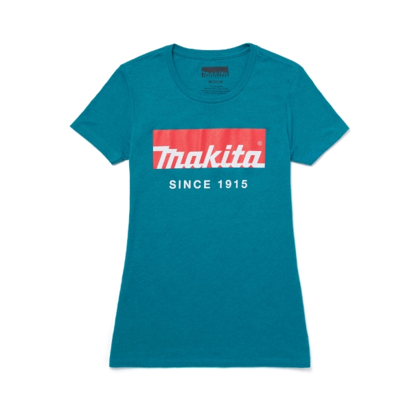 Image of the Ladies Teal 1915 Tee with Makita logo on the front