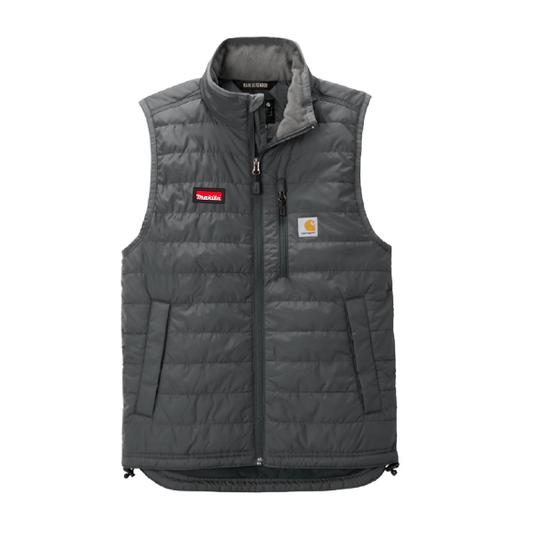 Makita-branded grey Carhartt quilted vest with durable, water-repellent finish.